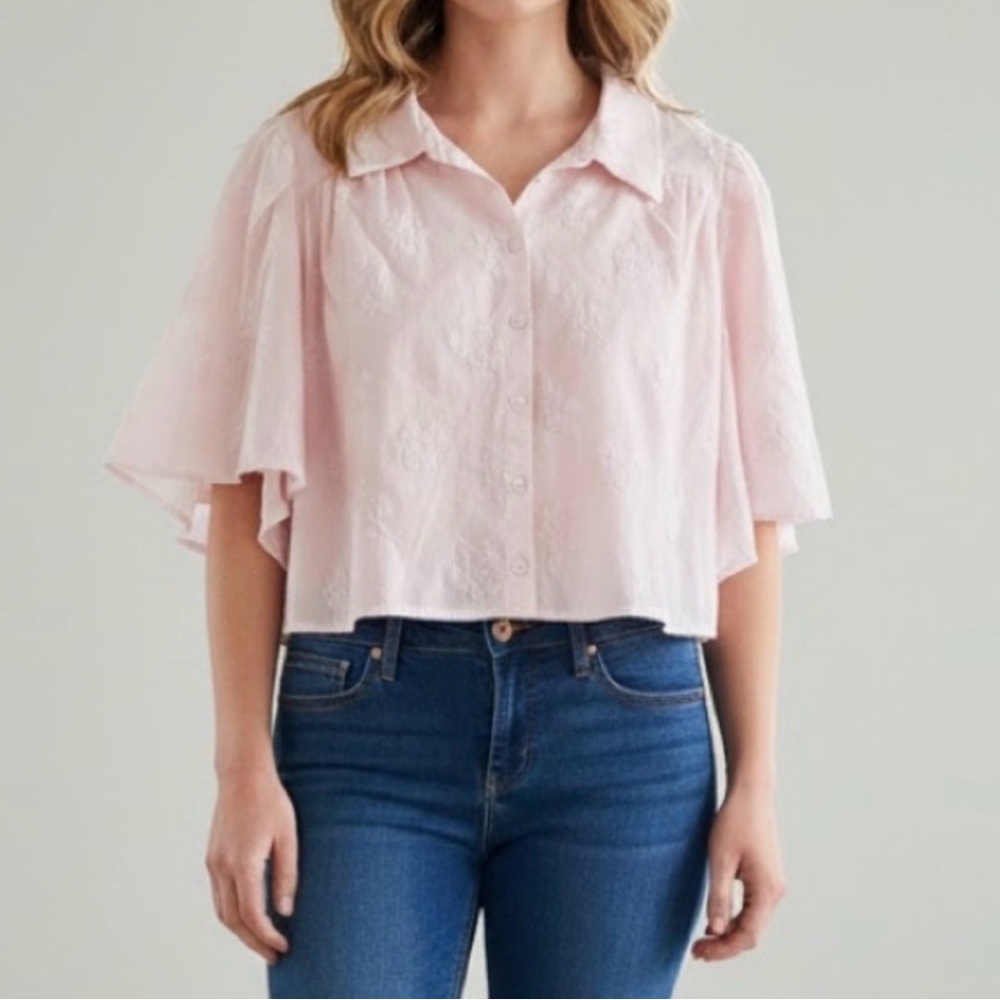 Caroline Constas Top Light Blush Pink Floral Flutter Sleeve Button Up Blouse